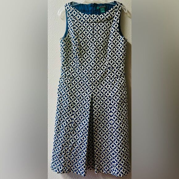 RALPH LAUREN BLUE/GOLD FAUX SPLIT FRONT SKIRT SHEATH DRESS SIZE 4 - Picture 3 of 11